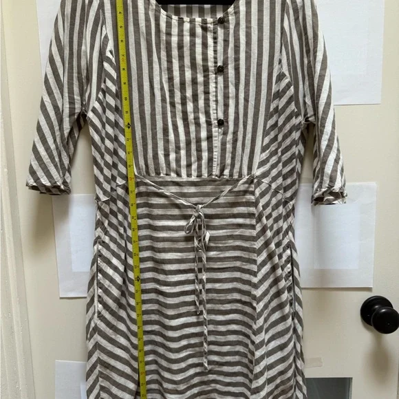 Gudrun Sjoden Oatmeal Gray & Cream Striped Cotton Dress with 3/4 Sleeves. Size L - Picture 5 of 8